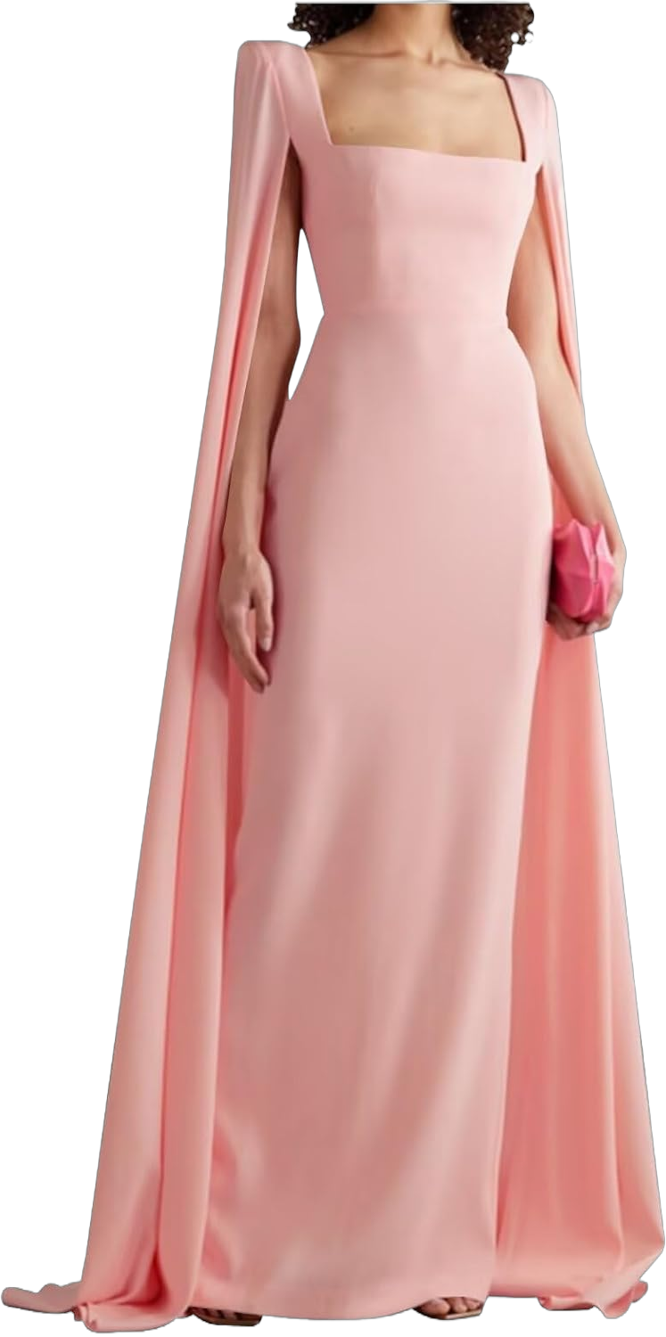 Women's Cape Sleeves Elegant Dress Square Collar Satin Long Sheath Formal Wedding Guest Dress with Back Slit Light Pink 14