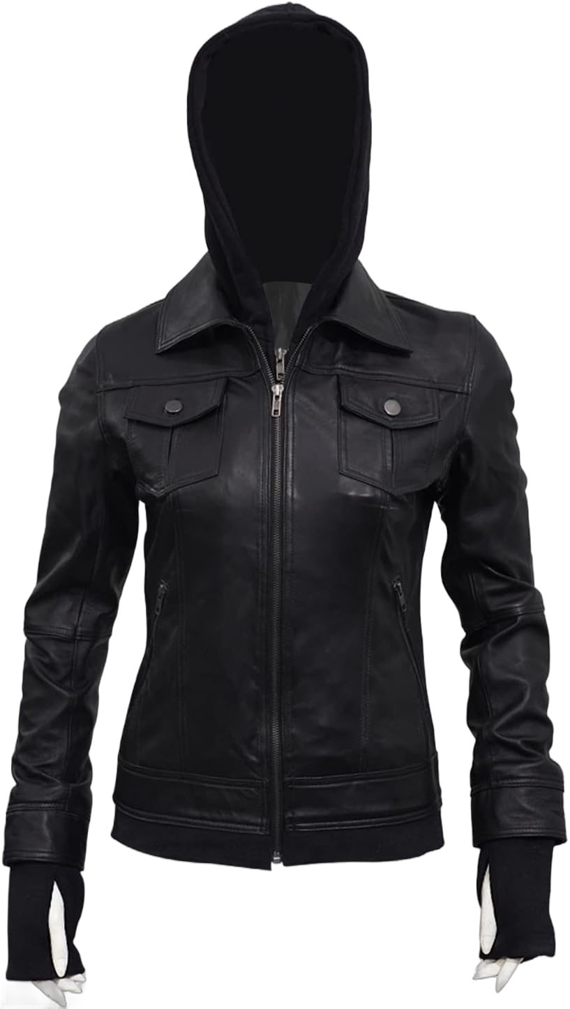 Hooded Black/Brown Jacket - Women Detachable Hood Style Biker Real Lambskin Leather Jacket, XS-3XL