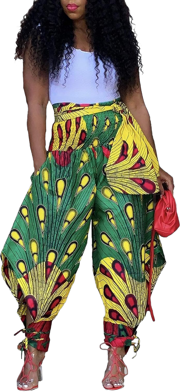 Voghtic Womens Casual African Print Harem Pants Hippie Loose Beach Boho Wide Leg Palazzo Lounge Trousers with Pockets Medium Multi