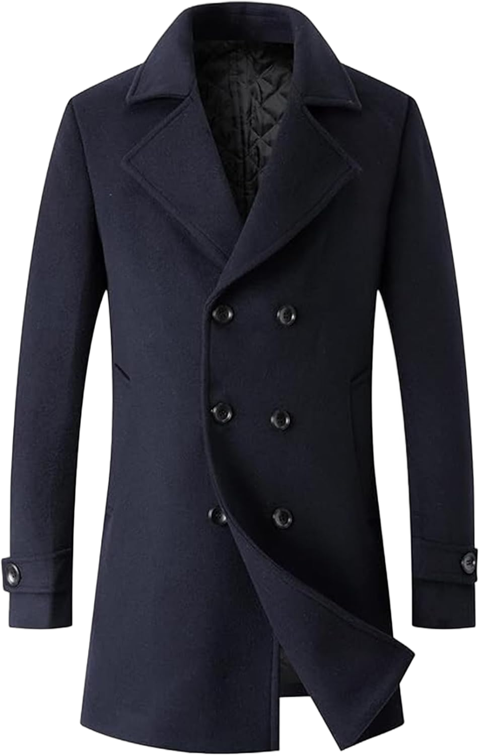 SOMTHRON Men's Woolen Trench Coat Regular Fit Double Breasted Wool Blend Jacket Winter Pea Coat Businesss Overcoat X-Large Dark Blue