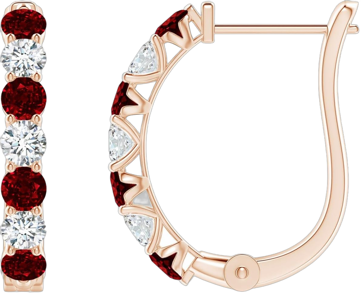 ANGARA Natural Ruby and Diamond Huggie Hoop Earrings in 14K Solid Gold/Platinum | July Birthstone, Birthday, Engagement, Anniversary, Wedding Jewelry Gift for Women Grade- AAAA | Size- 2.8mm Rose Gold