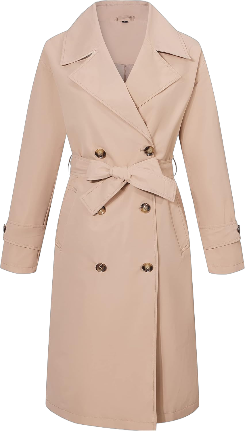 RISISSIDA Women Trench Coats, Water Resistant Double Breasted Long Jacket Belted Large Beige