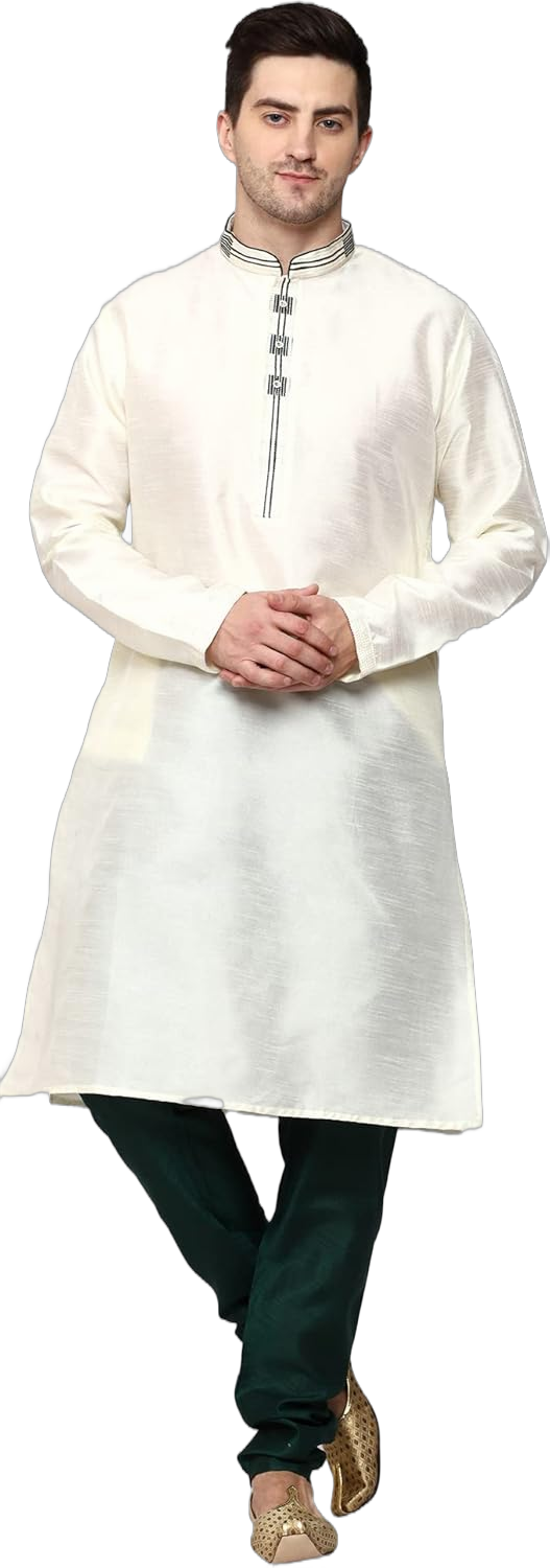 Men's Tunic Art Silk Kurta Pajama Pyjama Set Wedding Indian Clothing Casual Party Dress Gifts Items Medium-Large Cream