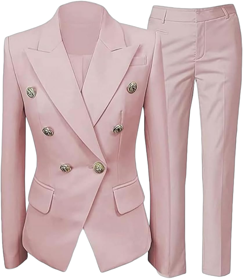 Womens 2 PC Fasion Outfits Double Breasted Blazer Slim Fit Business Suit Jacket Pants Suit for Work Professional Medium Light Pink