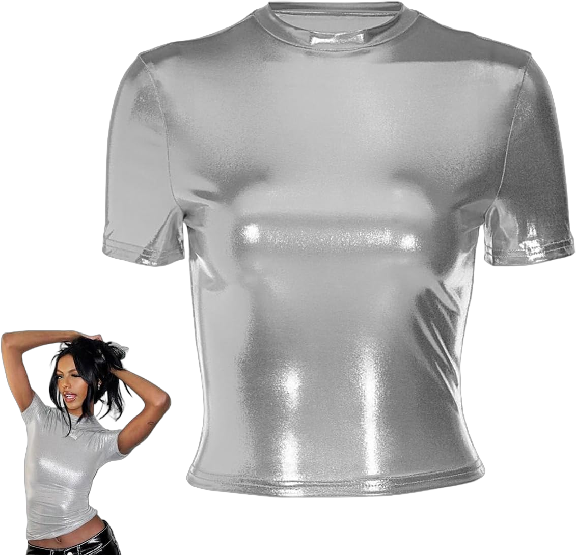 Women's Shiny Tops, Holographic Metallic Short Sleeve Slim Fit T-Shirt, Shimmer Crop Top Mock Neck Party Blouse Medium Silver