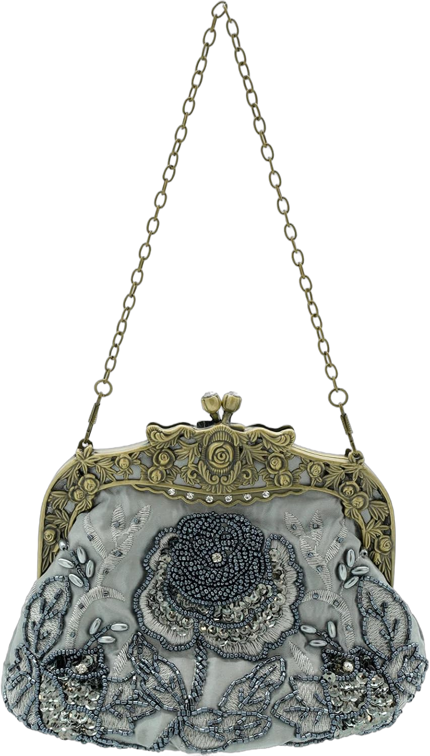 Ro Rox Margeret Vintage Clutch Bag Floral Beaded Antique Diamante Sparkle Grey