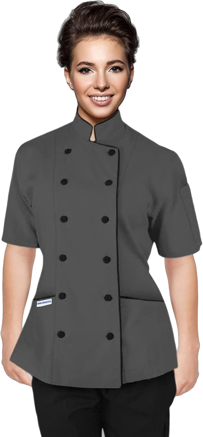 Short Sleeves Tailored Fit Chef Coat Jacket Uniform for Women for Food Service, Caterers, Bakers and Culinary Professional Grey Large