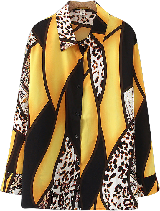 Westernstyle Allmatch Color Contrast Leopard Print Long Sleeved Chiffon Shirt Womens Top