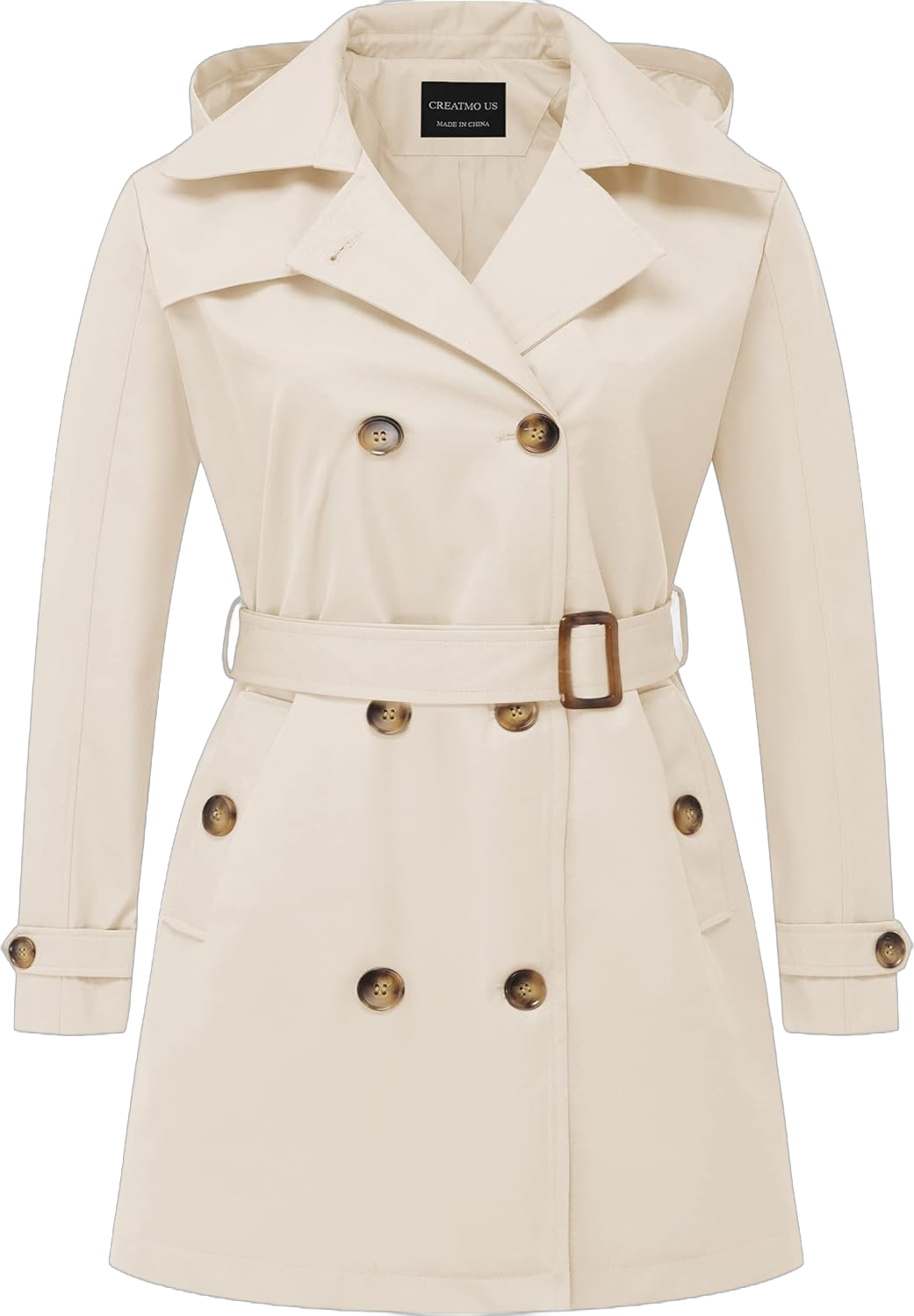 CREATMO US Women's Plus Size Trench Coat Double-Breasted Classic Lapel Overcoat Belted Outerwear Coat with Detachable Hood 2X Beige