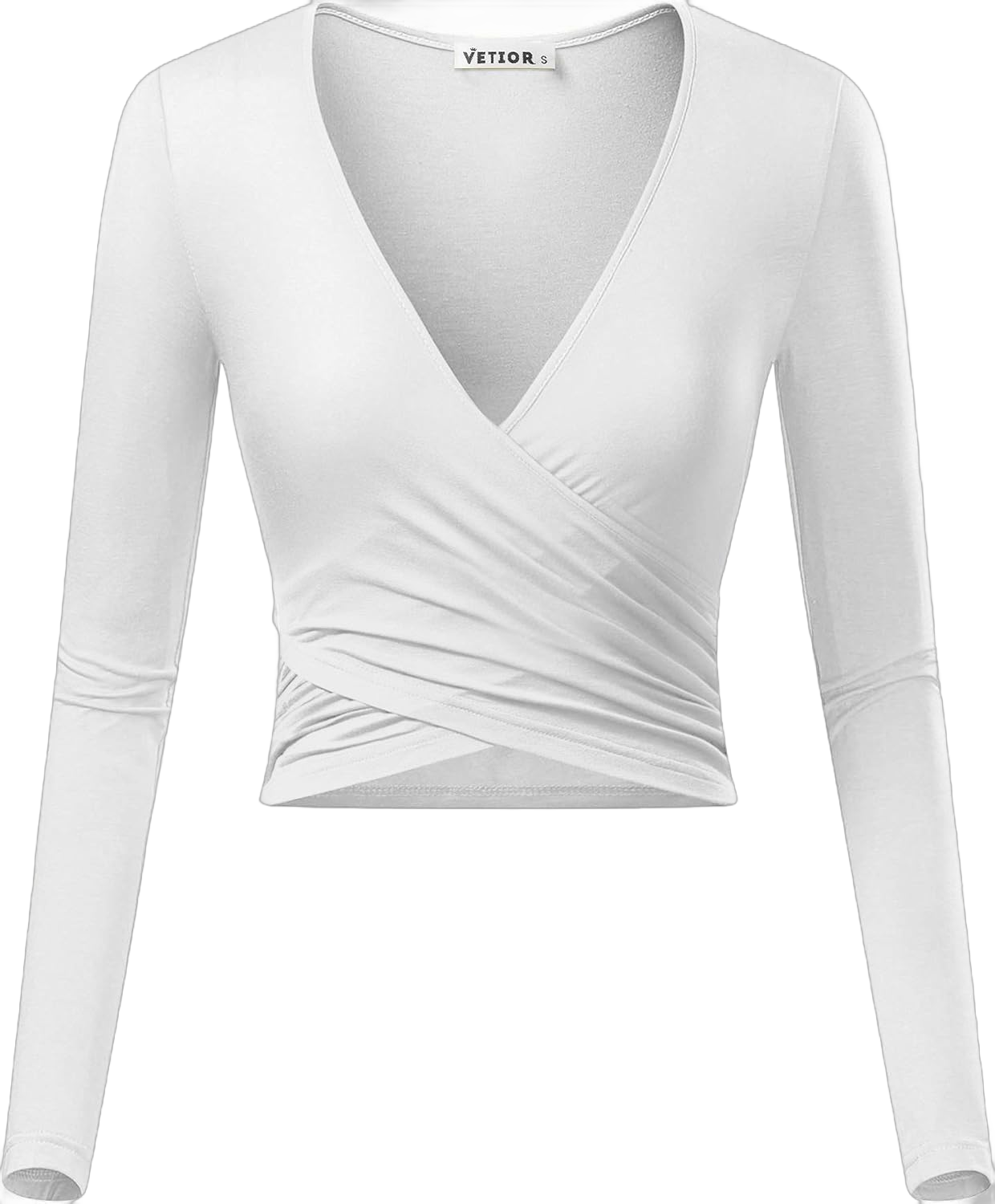 VETIOR Women's Deep V Neck Long Sleeve Unique Slim Fit Cross Wrap Shirts Crop Tops Medium White