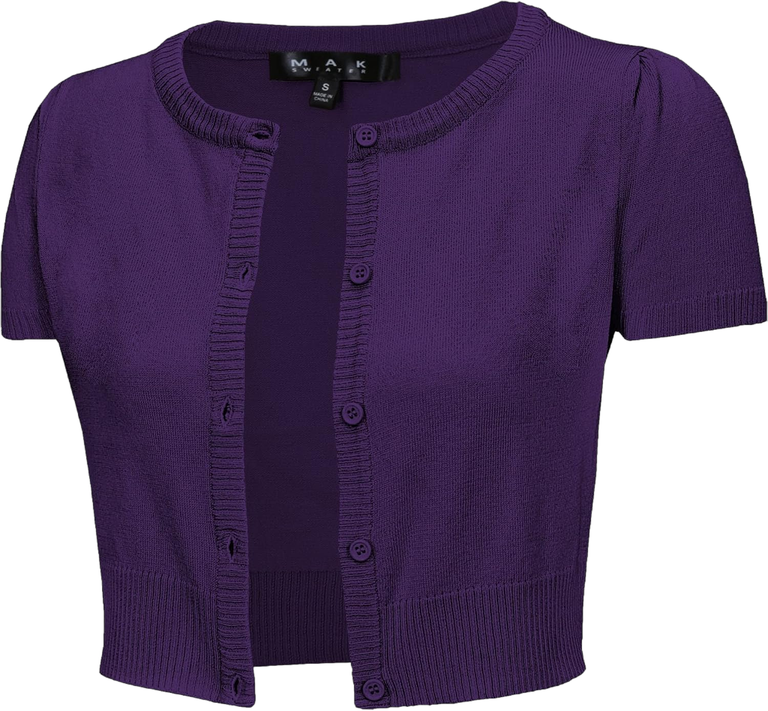 YEMAK Women's Cropped Bolero Cardigan – Short Sleeve Crewneck Basic Classic Casual Button Down Knit Soft Sweater Knitted Top Grape Small